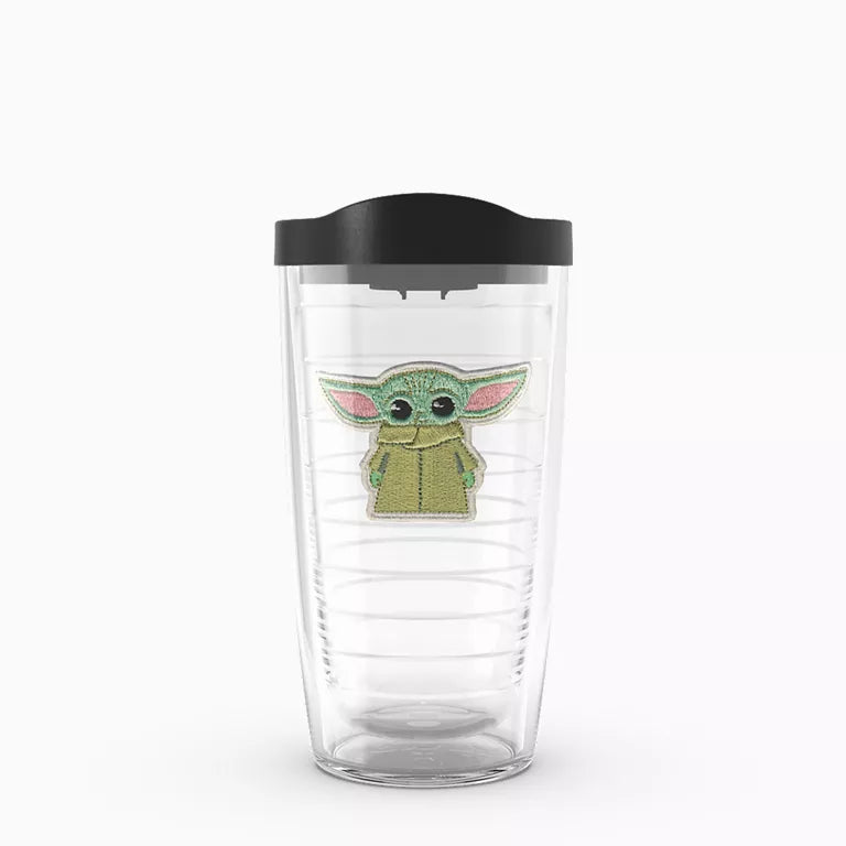 Clear tumbler with black lid featuring a character design on a white background