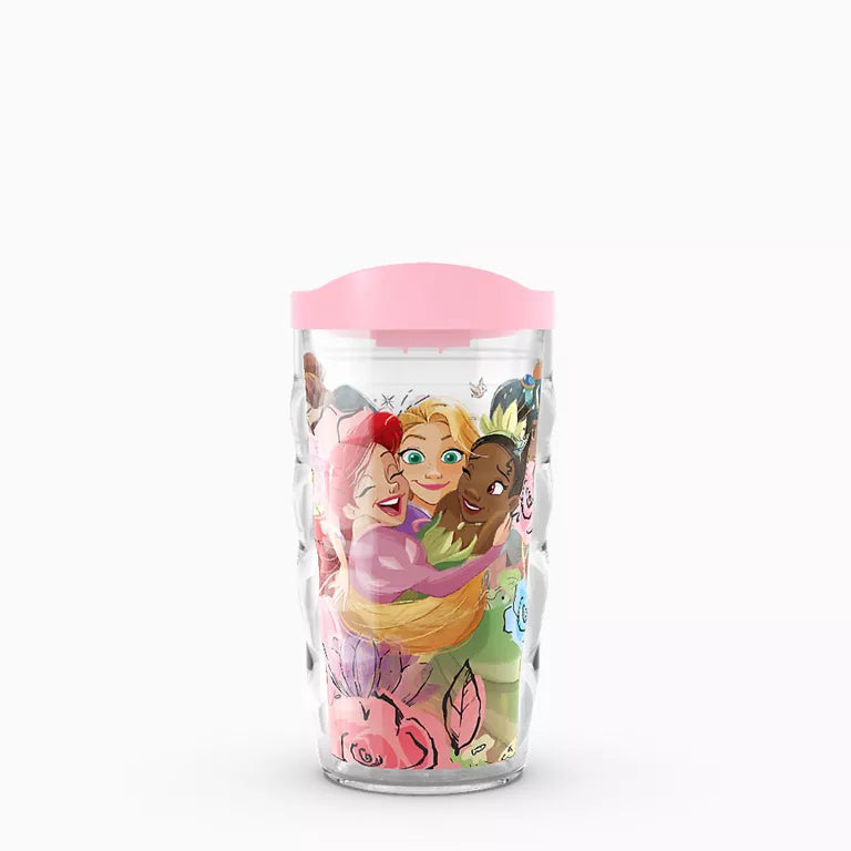 Tumbler with colorful design of three children and a pink lid on a white background