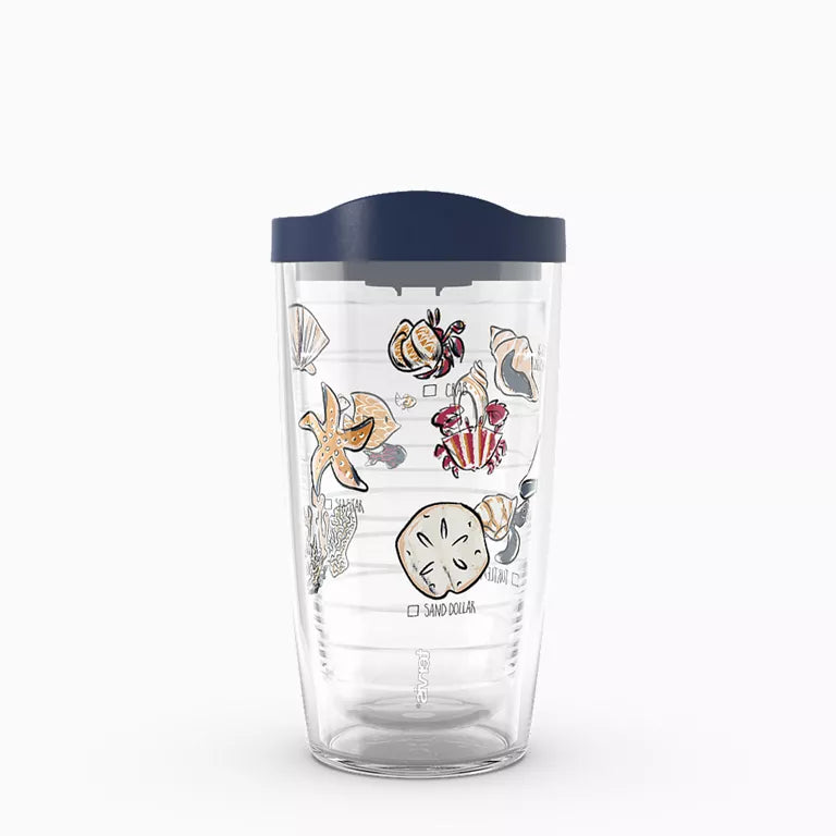 Clear tumbler with sea-themed design and navy lid on a white background