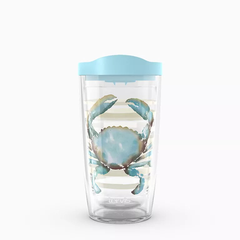Clear tumbler with a blue crab design and blue lid on a white background