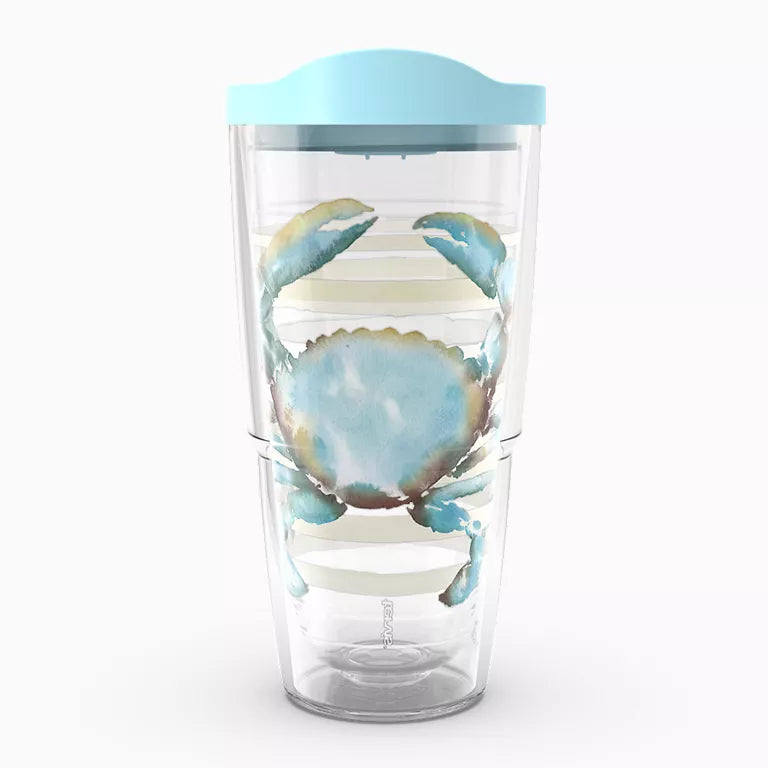Clear tumbler with blue crab design and light blue lid on a white background