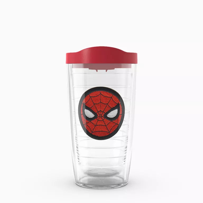Clear tumbler with red lid featuring a Spider-Man face design on a white background