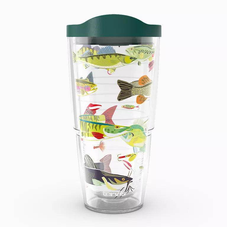 Clear tumbler with colorful fish illustrations and a green lid on a white background