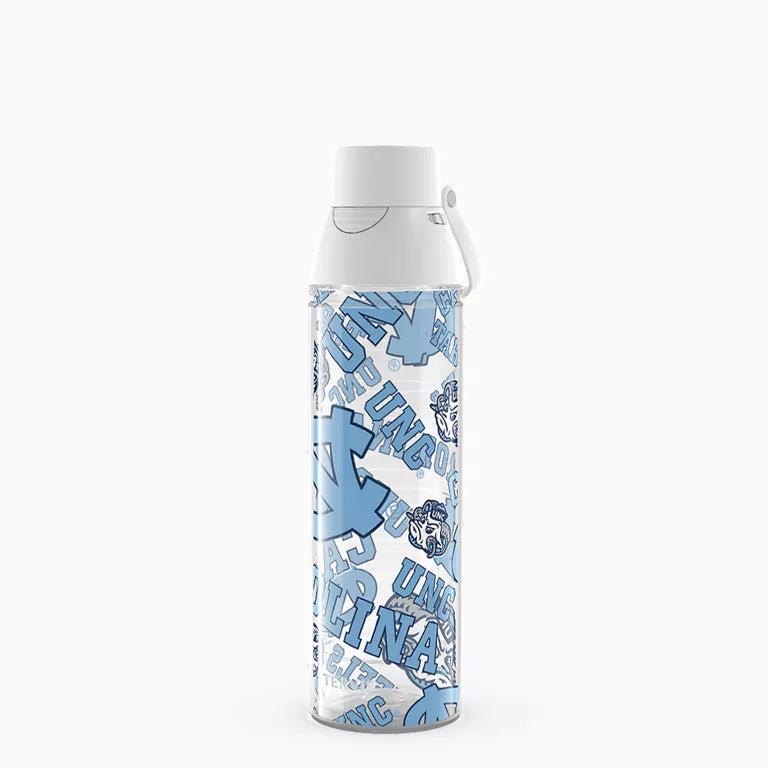 Water bottle with blue and white design on a white background