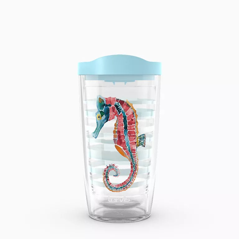 Clear tumbler with a blue lid featuring a colorful seahorse design on a white background
