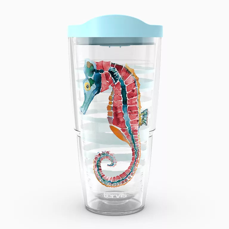 Clear tumbler with a colorful seahorse design and a light blue lid on a white background
