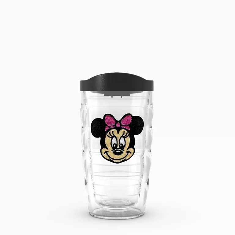 Clear tumbler with Minnie Mouse design and black lid on a white background
