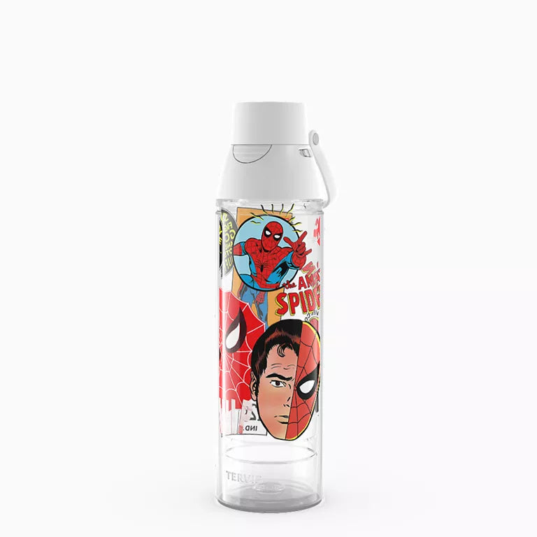 Clear water bottle with Spider-Man design on a white background