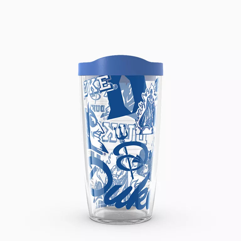 Clear tumbler with blue Duke University logo and text on a white background