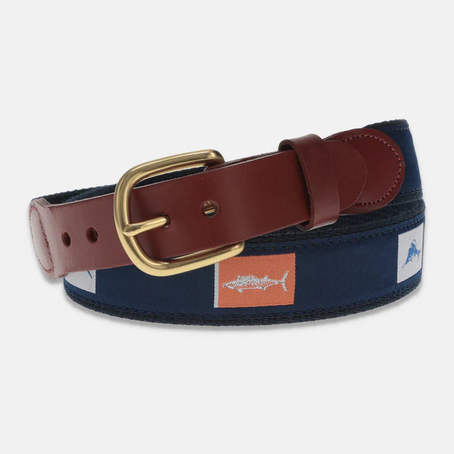 Navy belt with brown leather strap and gold buckle on a white background