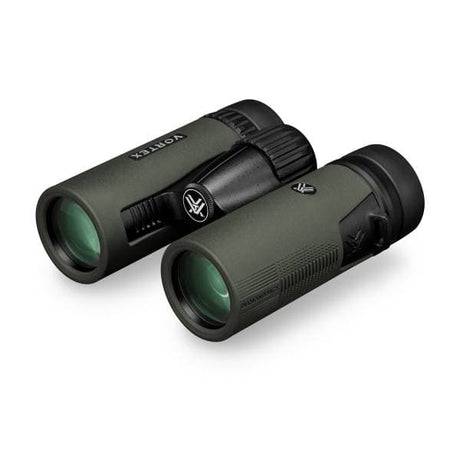 Pair of green binoculars on a white background