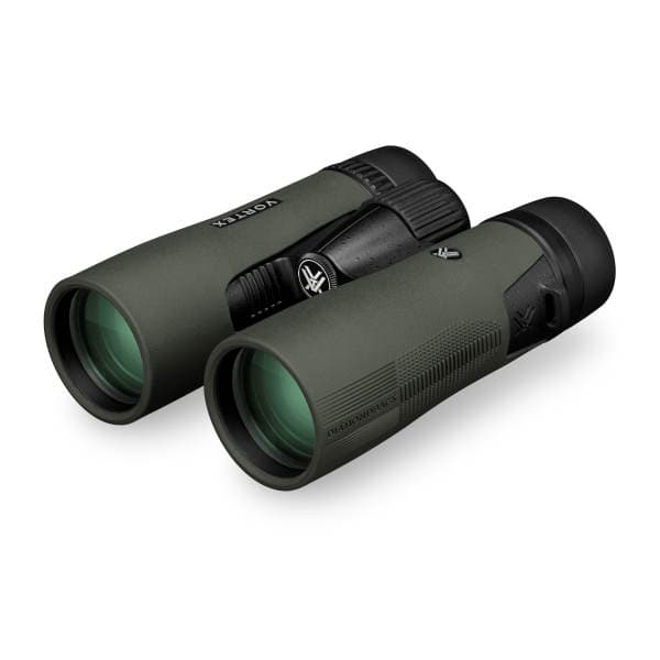 Pair of green binoculars on a white background