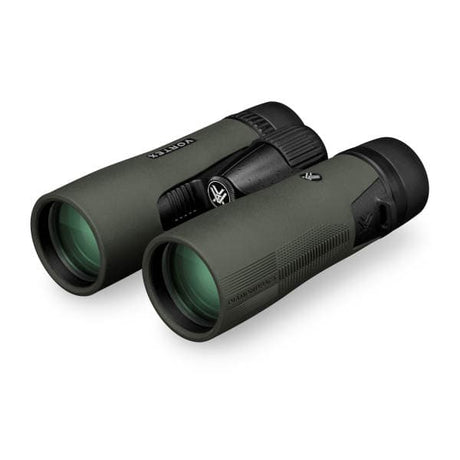 Pair of green binoculars on a white background