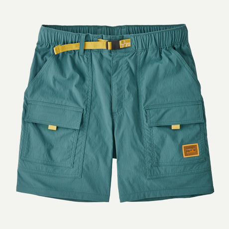 Teal shorts with yellow accents on a white background