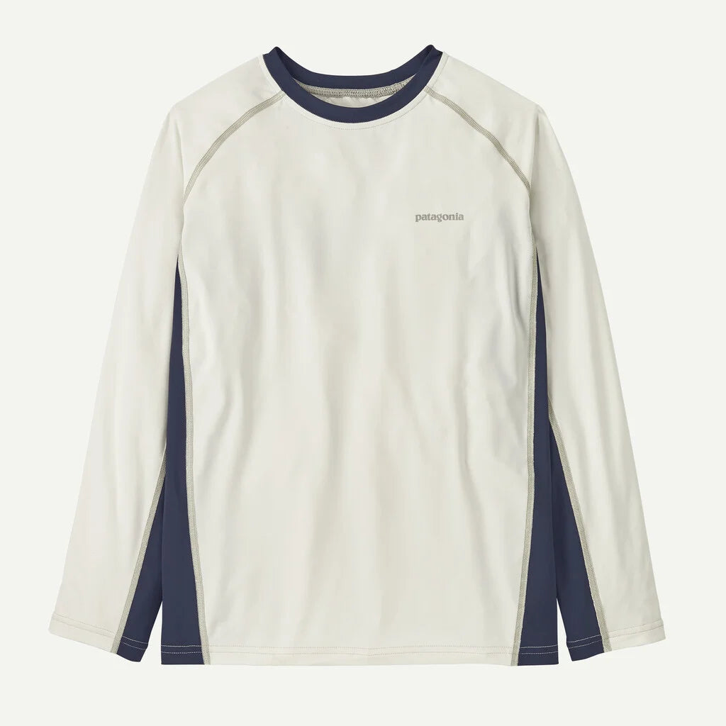 White long-sleeve shirt with navy accents on a white background