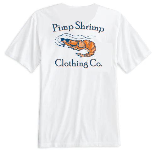White t-shirt with 'Pimp Shrimp Clothing Co.' logo on the back