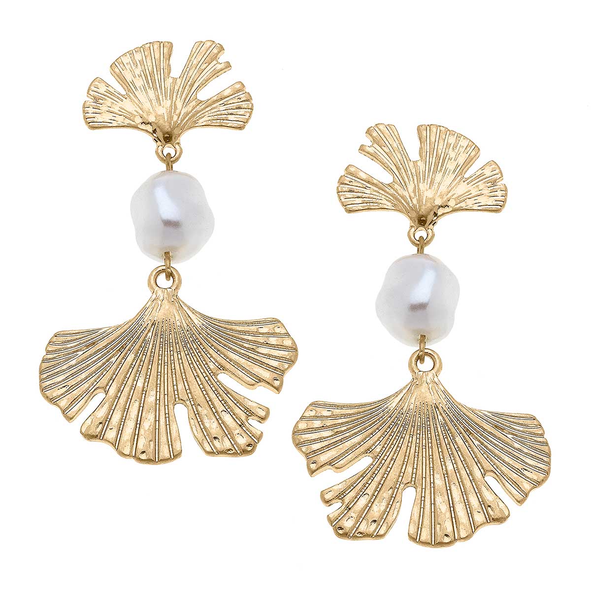 Pendientes llamativos Vivy Ginkgo y perlas en oro desgastado