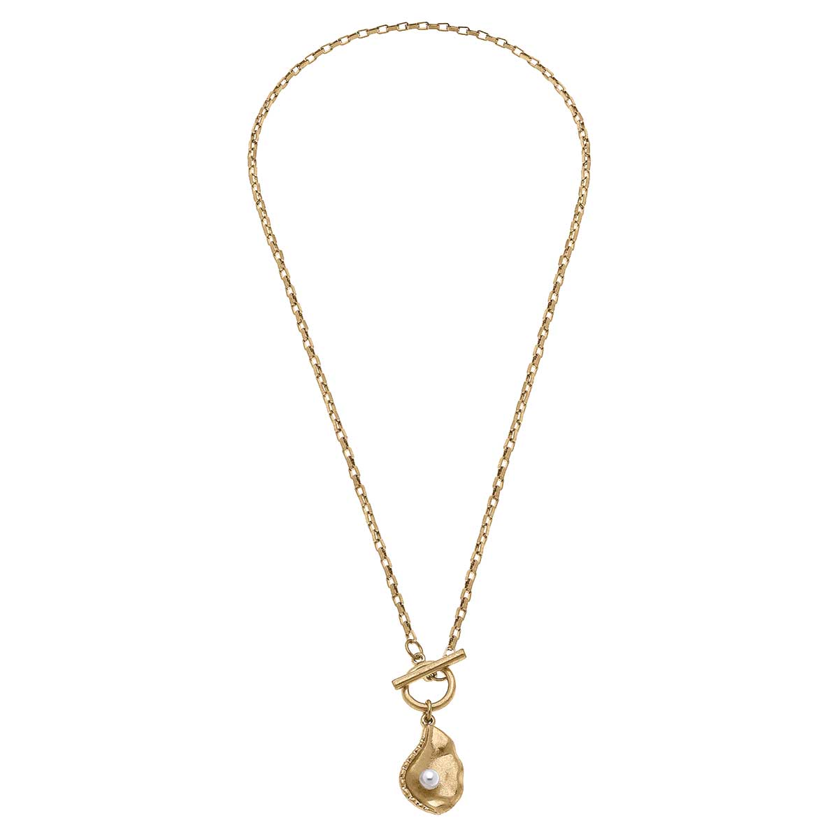 Oyster with Pearl T-Bar Charm Necklace in Worn Gold