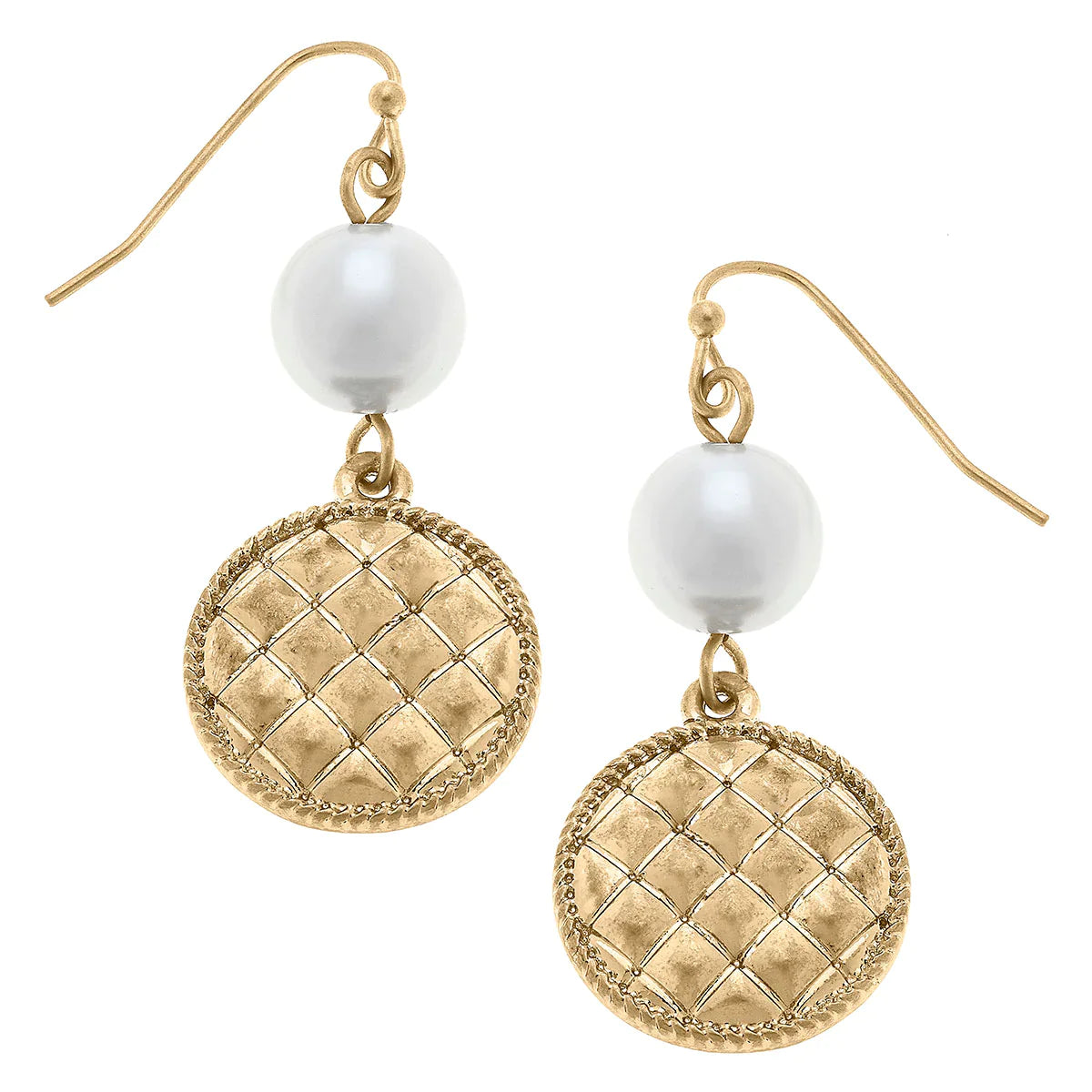 Andee Pearl & Quilted Metal Disc Drop Earrings in Worn Gold