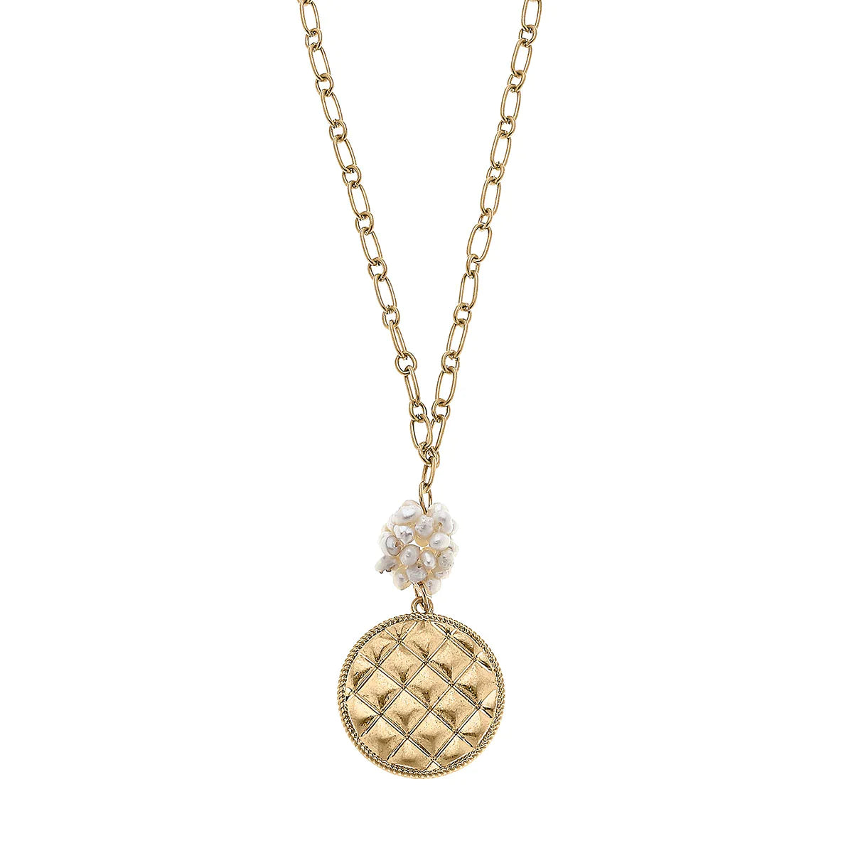 Giada Pearl Cluster & Quilted Metal Pendant Necklace in Worn Gold