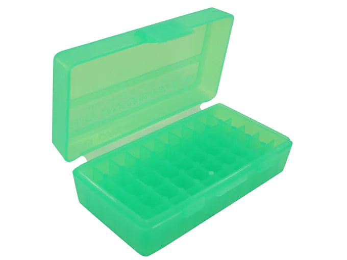 MTM Caja de munición con tapa abatible 380 ACP Luger de 9 mm, 50 balas, plástico, verde