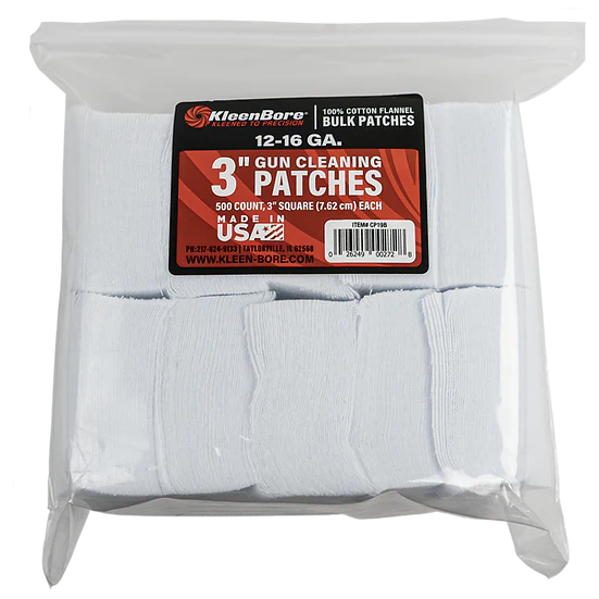 Parches de limpieza de franela 100% algodón Kleenbore cuadrados de 3 ″ (paquete de 500) 12-16 GA
