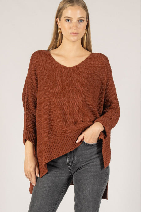 Before You Knit 3/4 Sleeve V Neck Sweater Top - One Size