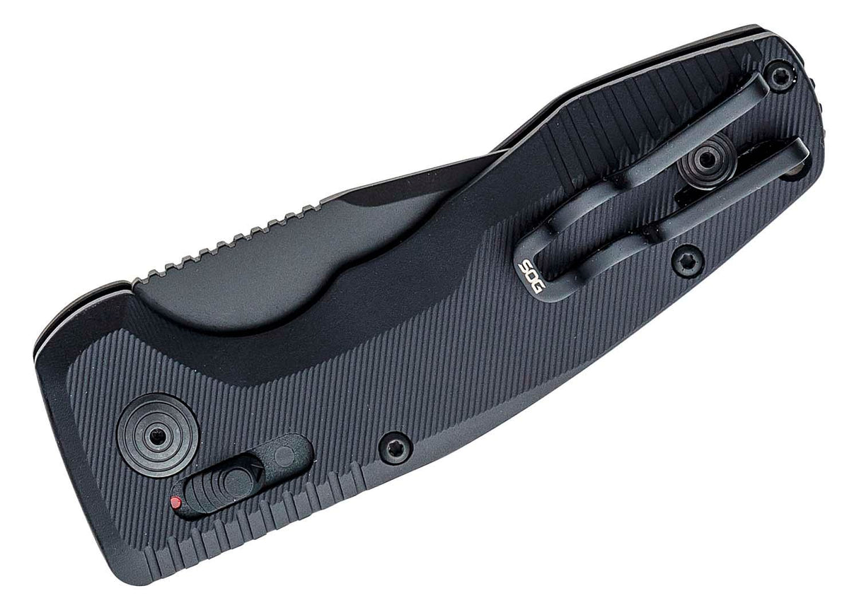 SOG-TAC AU Compact California Special AUTO Cuchillo plegable 1.96" D2 Hoja lisa negra Tanto Mangos de aluminio negro - Cerradura XR