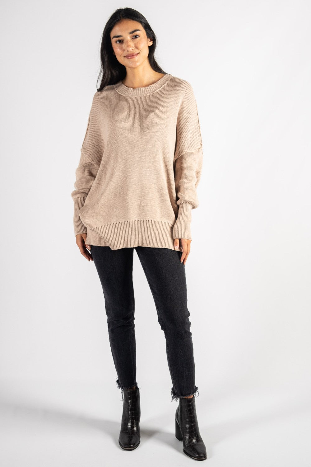 Before You Reverse Stitch Crew Neck Ribbed Sweater