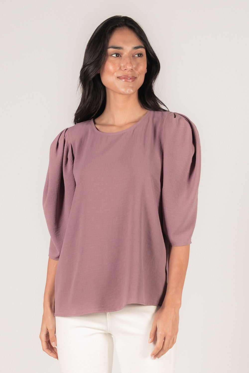 Before You Round Neck Pintuck Sleeve Top