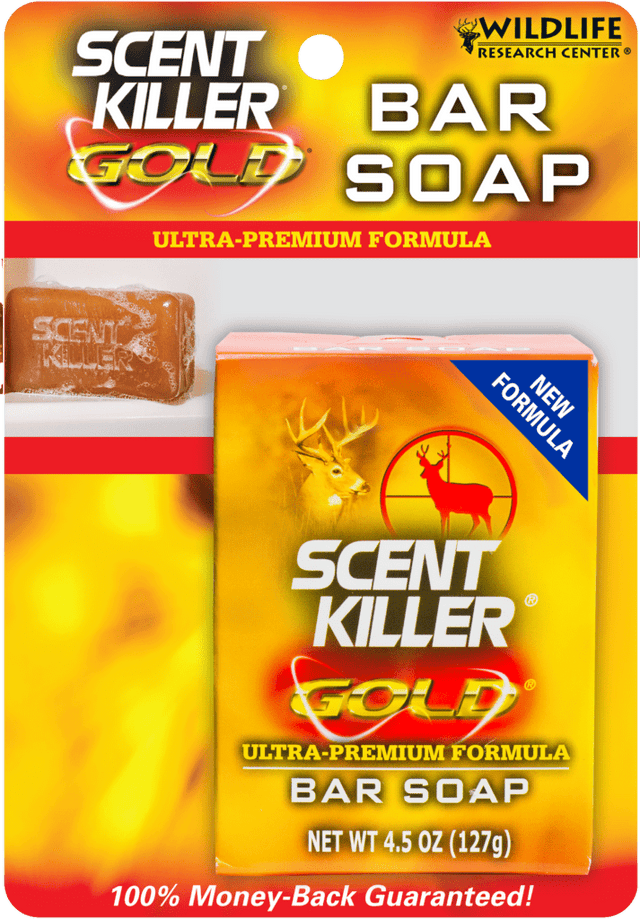 Scent Killer Gold bar soap packaging with a deer illustration on a white background