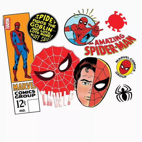 Collection of Spider-Man themed items including a comic book cover, mask, and stickers on a white background.