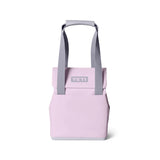 Pink tote bag with gray handles and YETI logo on a white background