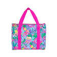 Colorful tote bag with pink handles on a white background