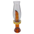 Glass duck call with gold and brown design on a white background