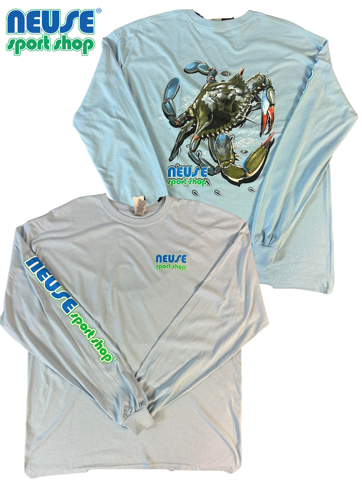 Neuse Bender Blue Crab Long Sleeve Tshirt with Sleeve Logo and No Pocket
