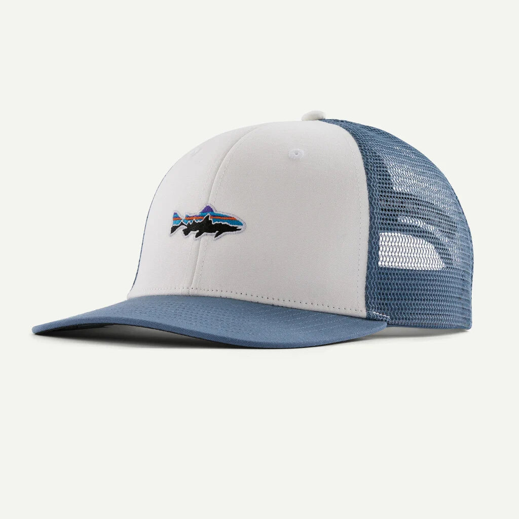 White and blue mesh cap with a logo on a white background