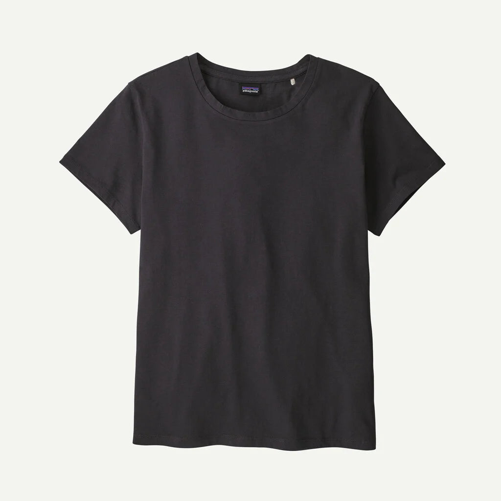 Black t-shirt with a brand logo on a light gray background