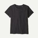 Black t-shirt with a brand logo on a light gray background