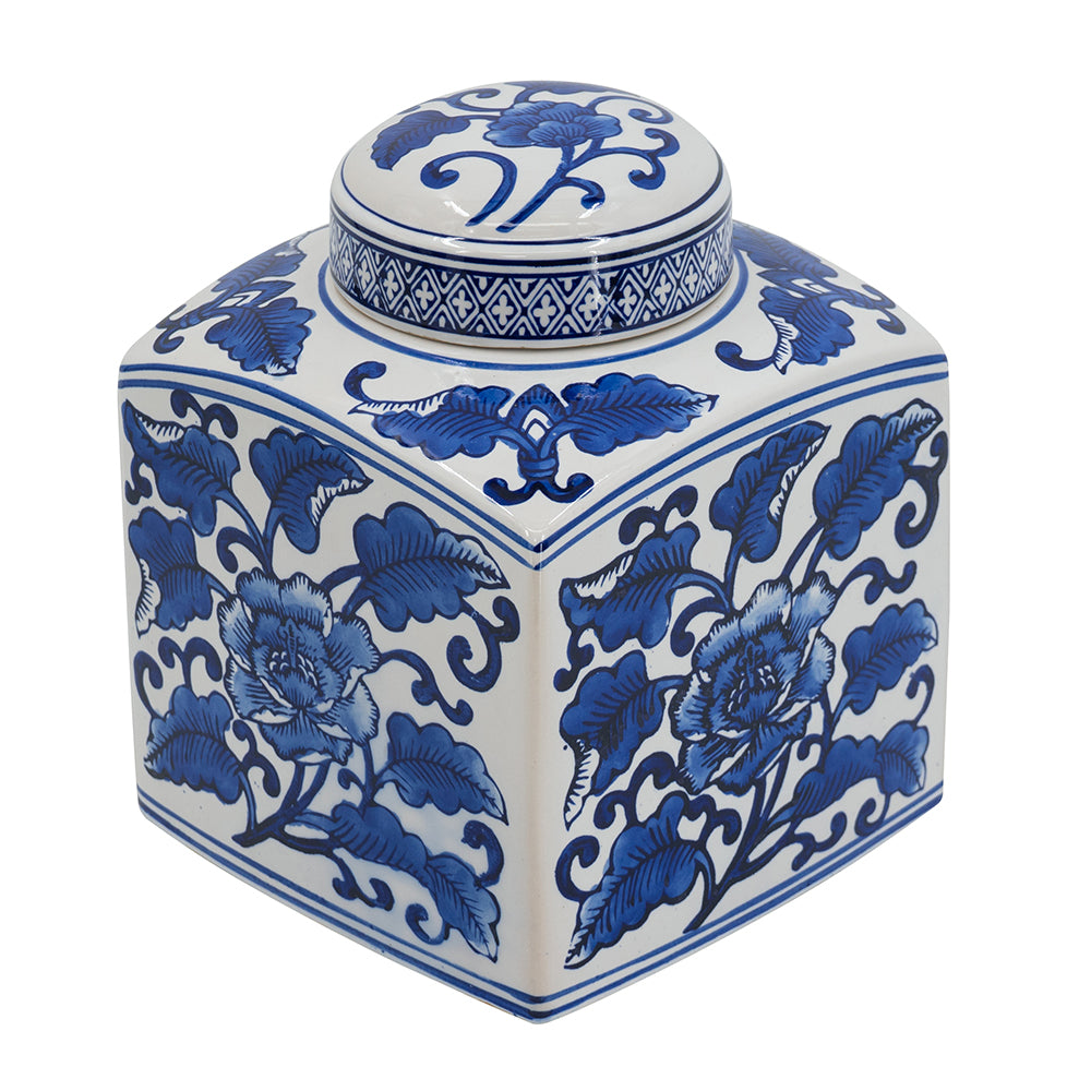 A&B Home Hand Painted Square Canister, Blue and White Floral Pattern