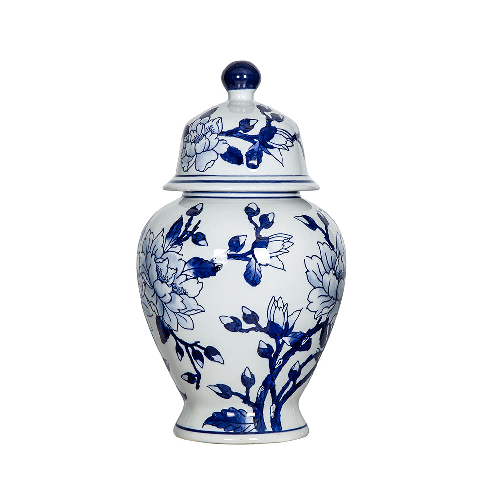 A&B Home Blue and White Magnolia Pattern Ginger Jar