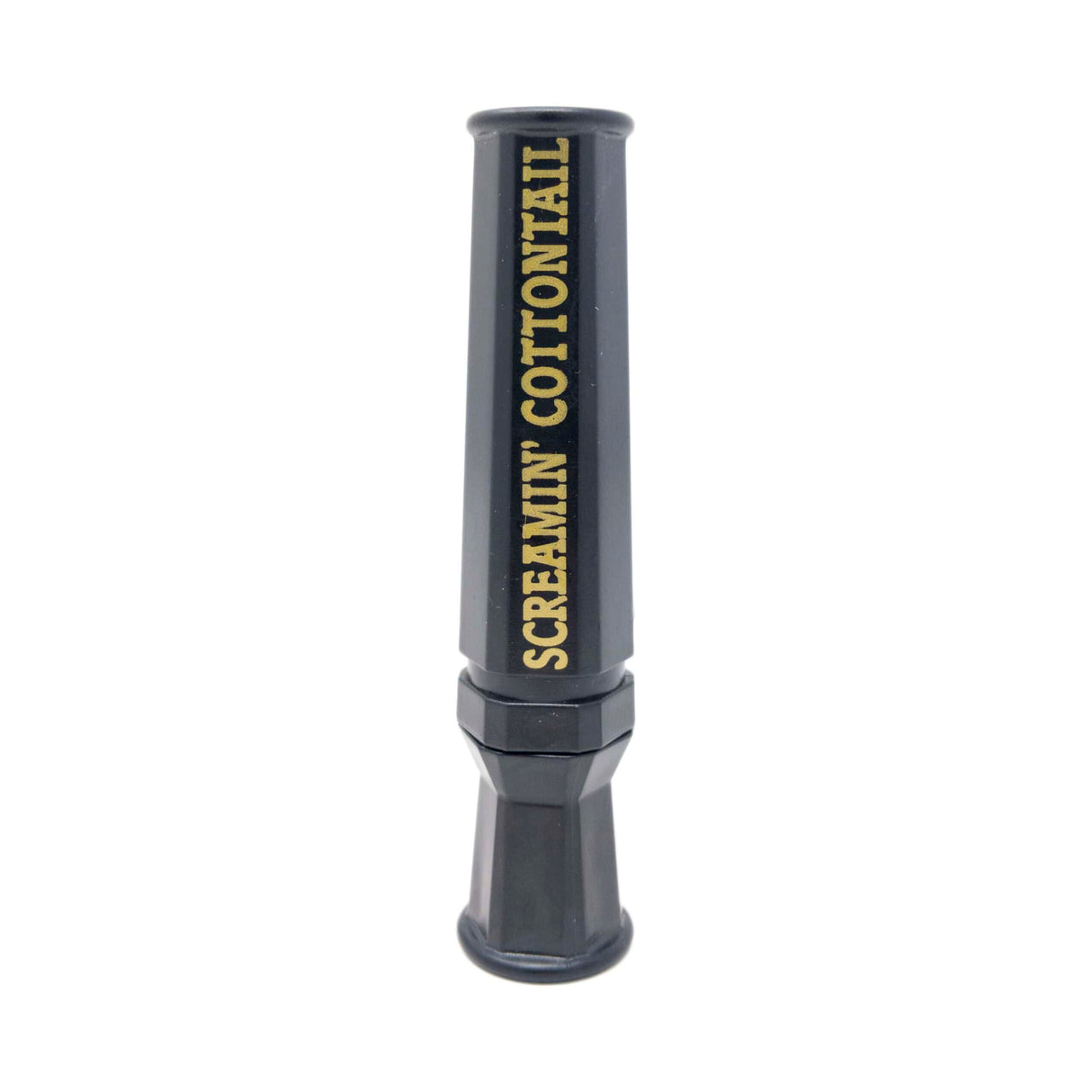 Black duck call with 'Screamin' Cottontail' branding on a white background