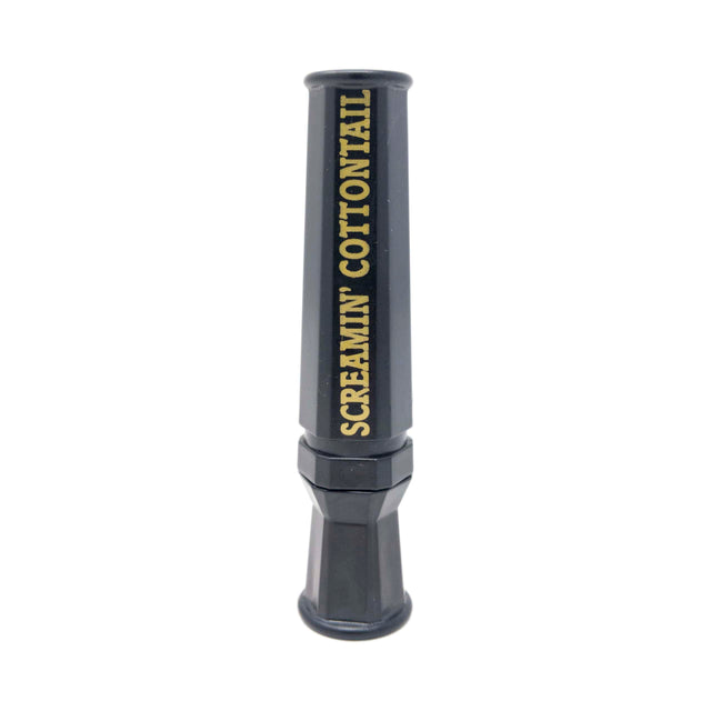 Black duck call with 'Screamin' Cottontail' branding on a white background