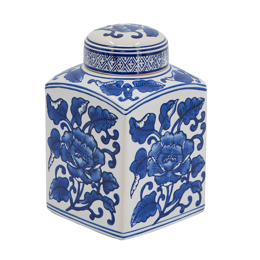 A&B Home Hand Painted Square Canister, Blue and White Floral Pattern