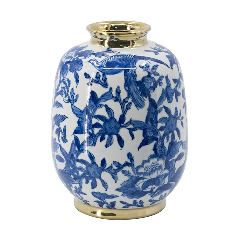 A&B Home Blue and White Chinoiserie Flower vase with Gold Accents