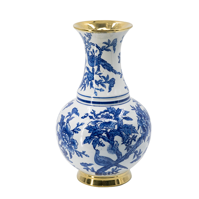 A&B Home Blue and White Chinoiseries Flower Vase With Gold Accents