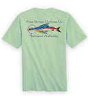 Light green t-shirt with fishing-themed design and text on a white background