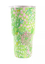 Floral-patterned tumbler on a white background