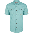 Light blue button-up shirt with short sleeves on a white background