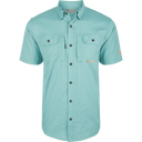 Light blue button-up shirt with short sleeves on a white background